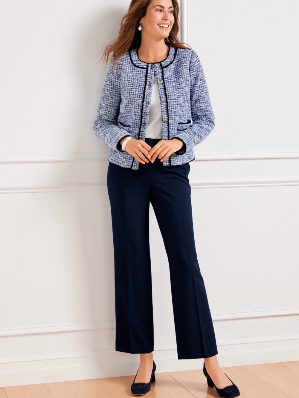 New York & Company Blue Tweed Jacket with Black Trim